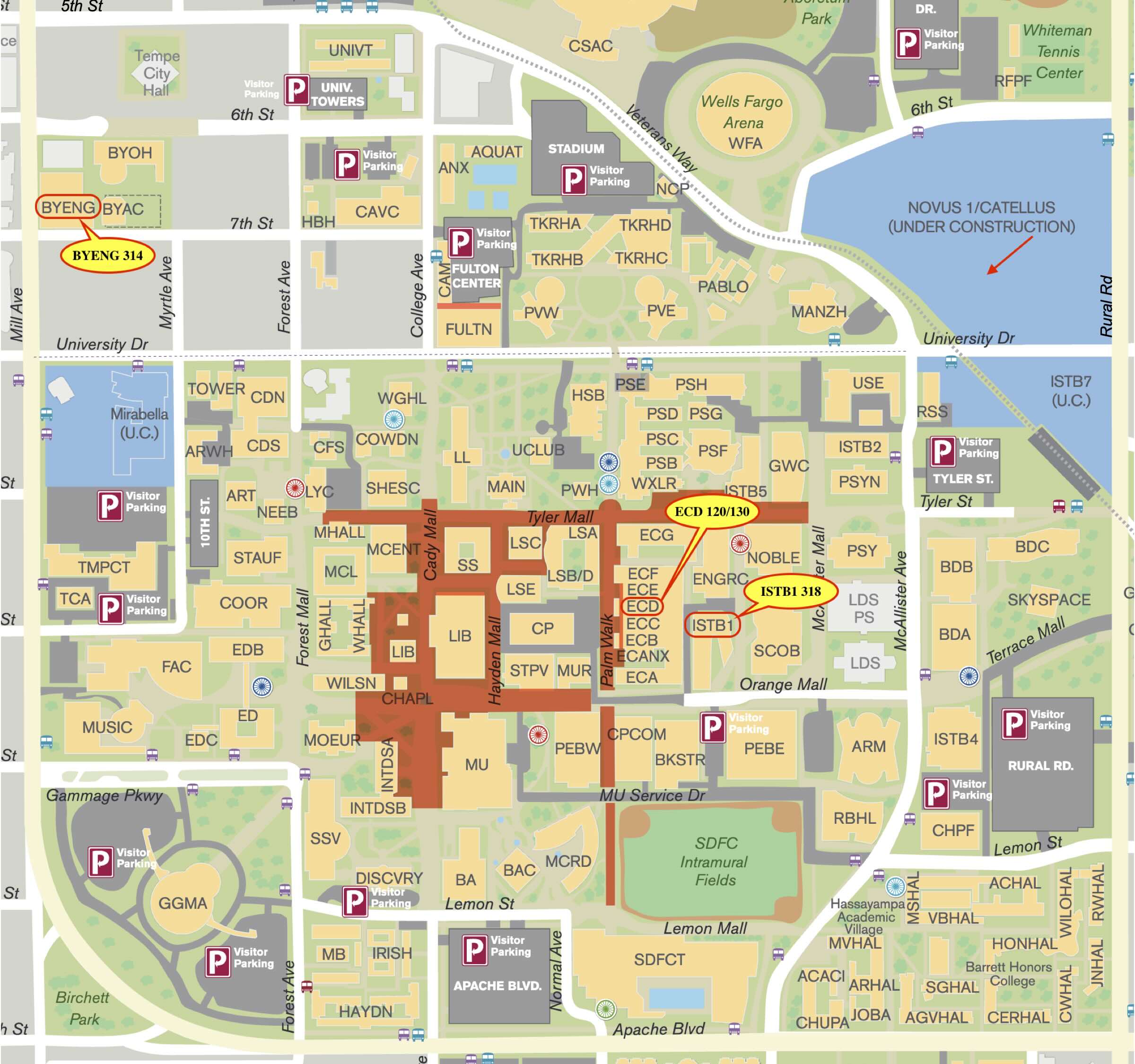 Map of ASU campus with BYENG, ECD, and ISTB1 buildings pointed out. Underlying map via Arizona State University.